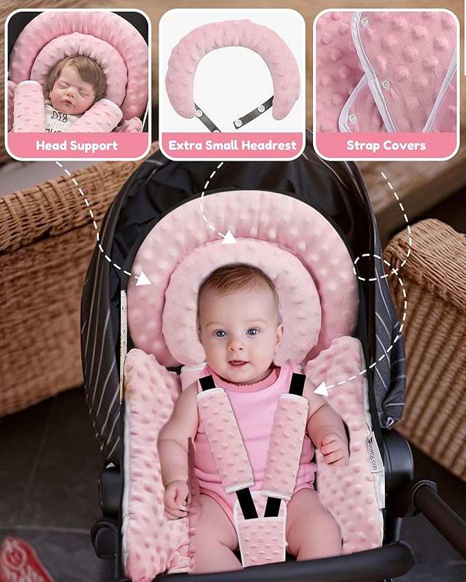Infant Car Seat Insert with Removable Cushion for Baby Preemie Newborn Infant, Reversible carseat Insert Head Body Support Fits for Stroller, Baby Swing, Rocker, Bouncer, Bassinet - Pink