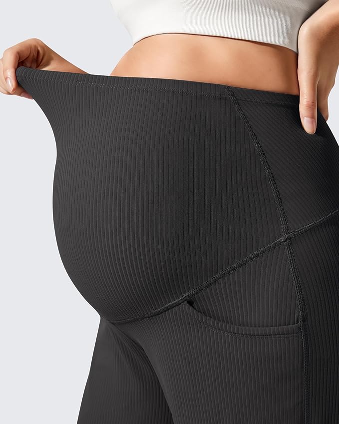 G4Free Ribbed Maternity Yoga Pants with Pockets Over The Belly Wide Leg Casual Pregnancy Lounge Trousers