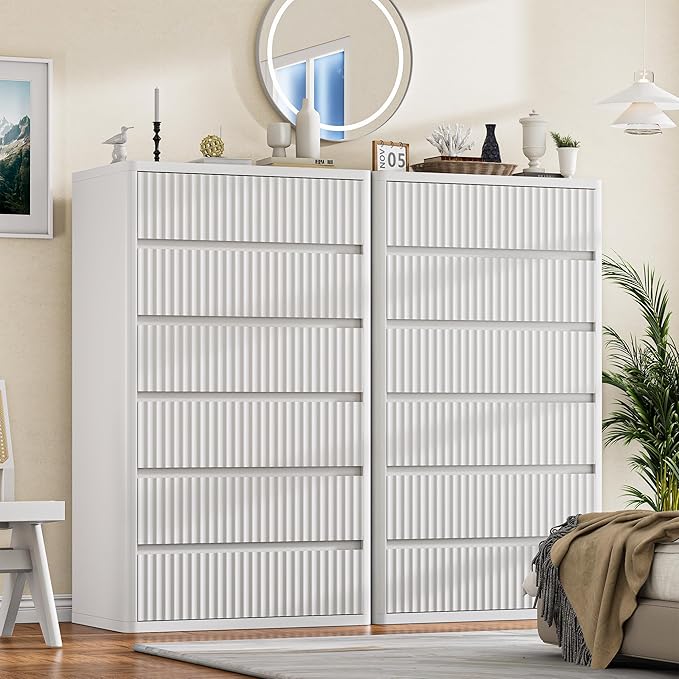 56" Tall Dresser for Bedroom, White Fluted Dresser with 6 Deep Drawers, Modern Chest of Drawers with Curved Profile, Handleless, Wooden Drawer Organizer for Living Room, Hallway, Closet