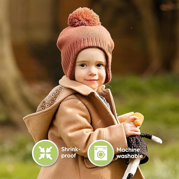 Baby Beanies, Baby Hats for Boys, Girls - Cute Toddler Winter Hat, Soft & Stretchy Beanies for Infant, Newborn 0-6 Months, Cozy & Warm with Earflap Muff & Pom (Clay, S)