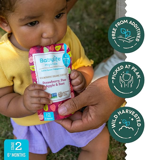 Babylife Organics Stage 2 - Strawberry, Pear, Apple & Beet, 3.5 Ounce Pouch (6 Pack) - Heavy Metal Safe, Organic Baby Food