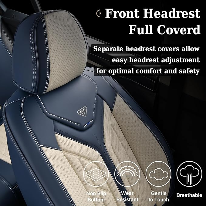 Coverado Car Seat Covers Full Set, Leather Seat Covers for Cars, Automotive Seat Covers Car Seat Protectors Car Accessories Universal Fit for Most Sedans SUV Pick-up Truck(Blue&Beige)