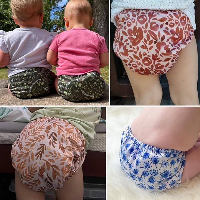 Mama Koala 3.0 Pocket Cloth Diapers for Babies with AWJ Lining, 6 Pack with 6 4-Layer Natural Cloth Diaper Inserts - Reusable and Washable Pocket Diapers(Neutral Leave)