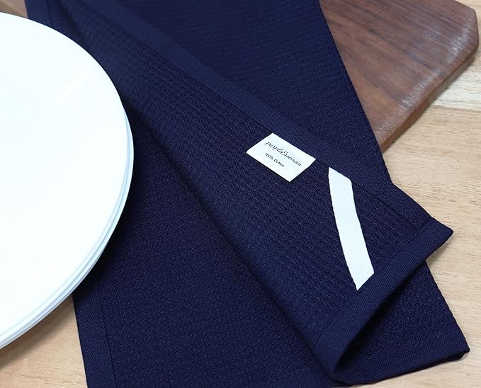 PurpleEssences Waffle Weave Kitchen Towel, 100% Cotton - 15 x 25 Inches, with Hanging Loop Ultra Soft Absorbent Quick Drying Dish Cloth, Tea and Hand Towels, 6 Pack - Fall Thanksgiving - Navy Blue