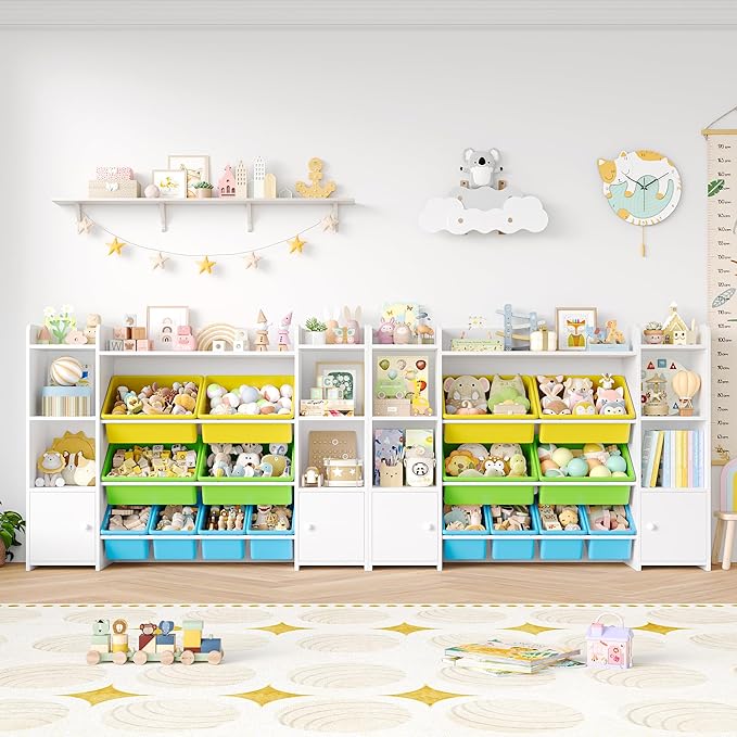 FOTOSOK 55''Large Toy Storage Organizer with 8 Toy Bins, Toy Organizers and Storage with Shelf and 6 Storage Cubbies, Bookshelf, Playroom Organization and Storage Bins, White/Green
