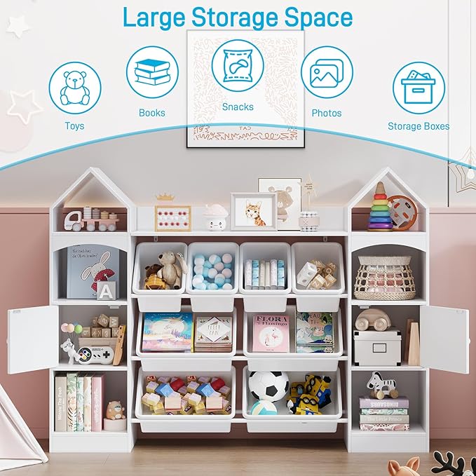 Vabches 55" Castle Shape Children's Toy Storage Organizer,Multifunctional Bookshelf with 8 Plastics Bins, Children's Bookcase with 6 Shelves and 2 cabinets for Playroom,Kid's Room,Living Room.
