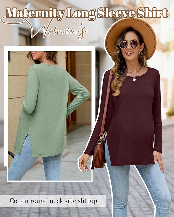 Riyiper 3 Pack Women's Maternity Long Sleeve T-Shirts Round Neck Side Split Tops Loose Casual Pregnancy Mama Clothes Fall