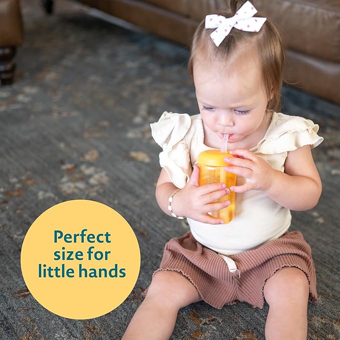 The First Years Squeeze & Sip Toddler Straw Cups - Squeezable Transition Sippy Cup with Silicone Straw - Toddler Feeding Supplies - Yellow/Pink/Orange - 7 Oz - 3 Count - Ages 6 Months and Up