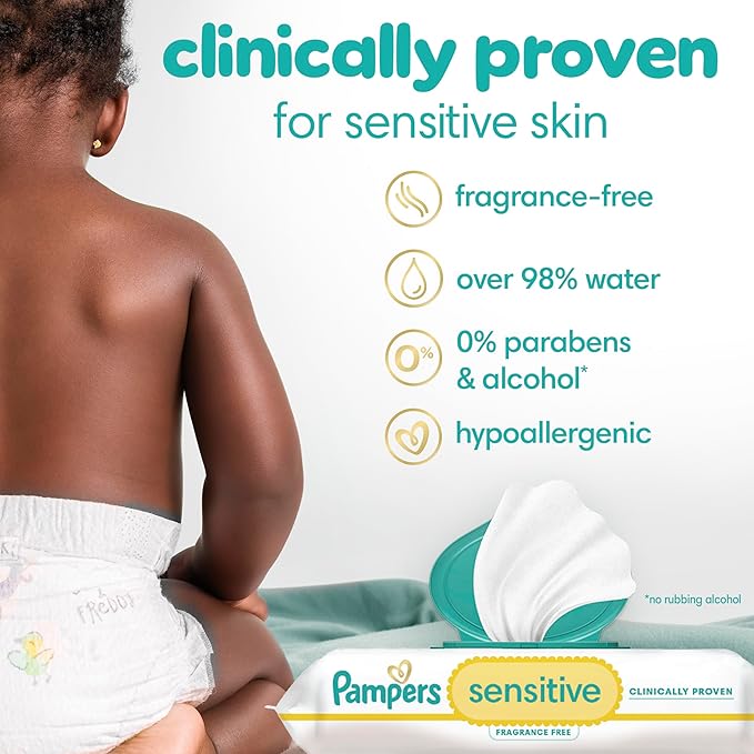 Pampers Baby Wipes, Sensitive, Water Based Wipe, Clinically Proven, Hypoallergenic, and Unscented for Babies, 672 Wipes Total (8 Flip-Top Packs) [Packaging May Vary]