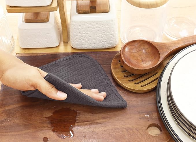 PurpleEssences Dish Cloths and Dish Rags - 8 Pack Waffle Weave Solid Kitchen Dish Wash Cloths, 100% Cotton, 12 x 12 Inches, Ultra Soft Absorbent Quick Drying - Fall Thanksgiving - Dark Grey