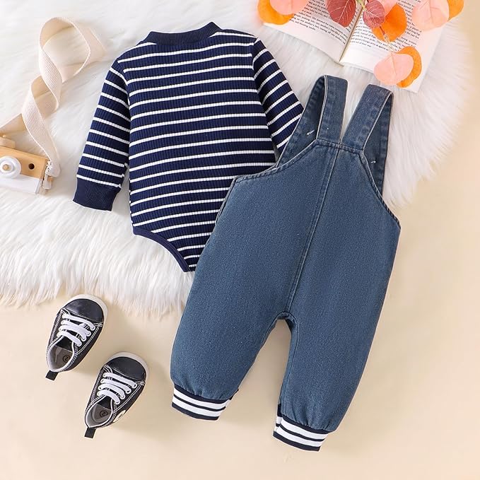 Baby Boy Clothes Fall Winter Outfits Long Sleeve Striped Romper Cute Cartoon Jeans Overalls Pants Set 0-18 Months