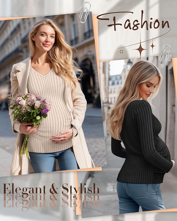 Ficerd 3 Pack Women's Maternity Shirts Ribbed Long Sleeve Pregnancy Tops V Neck Knit Side Ruched Pregnant Clothes Sweater