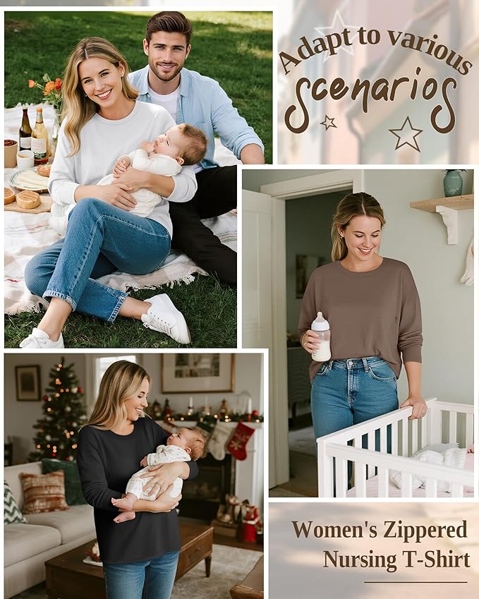 3 Pack Women's Nursing Breastfeeding Tops, Long Sleeve Maternity Shirts Oversize Hidden Zipper Pregnancy Clothes