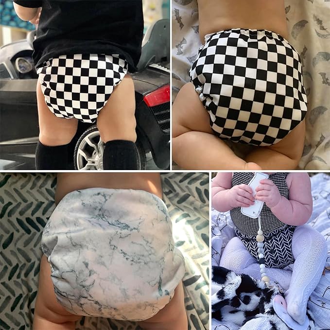 Mama Koala 3.0 Pocket Cloth Diapers for Babies with AWJ Lining, 6 Pack with 6 4-Layer Natural Cloth Diaper Inserts - Reusable and Washable Pocket Diapers (Black and White)