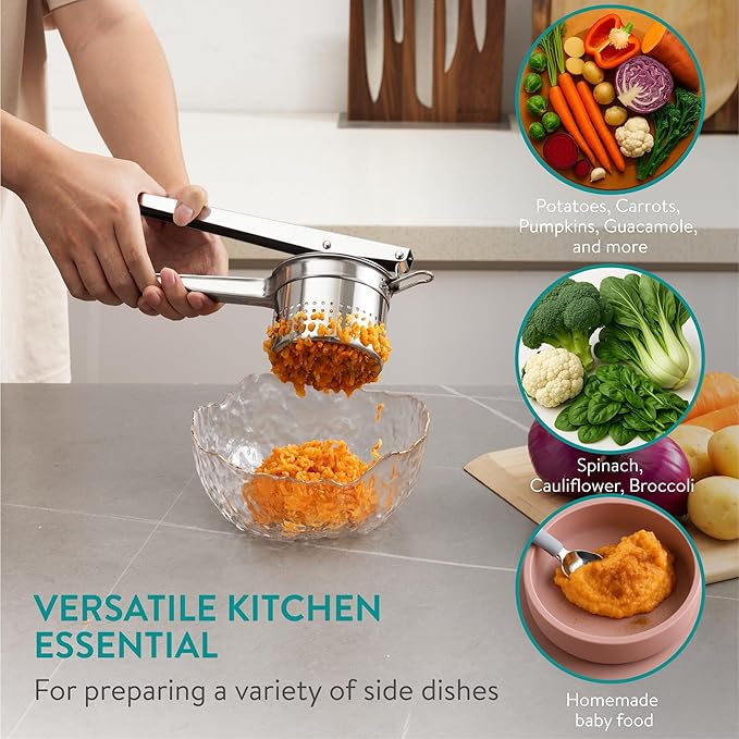 Navaris Stainless Steel Potato Ricer - Ergonomic Handle for Easy Mashed Potatoes - Dishwasher-Ready Potato Mashers - Mechanical Masher Tool Ideal for Potatoes, Baby Food & Avocado