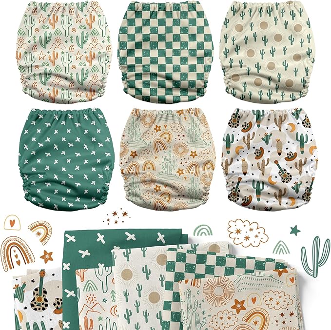 Mama Koala 3.0 Pocket Cloth Diapers for Babies with AWJ Lining, 6 Pack with 6 5-Layer Natural Cloth Diaper Inserts - Reusable and Washable Pocket Diapers(A-Desert Oasis)