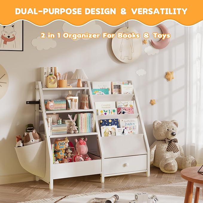 Kids Bookshelf and Toy Storage Organizer, Kids Bookcase Montessori 3 Tier Baby Toddler Sling Book Shelf with Drawer Pockets for Kids Room, Nursery, Playroom, Bedroom, White