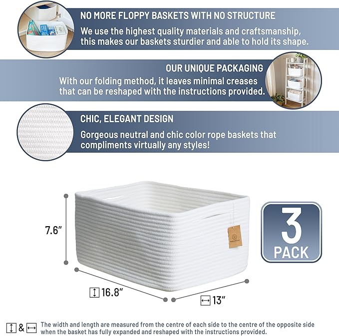 NaturalCozy Storage Baskets 16.8”x13”x7.6” Cotton Rope Woven Baskets for Organizing 3-Pack | Toy Storage Bins | Basket for Shelves, Laundry, Blanket, Clothes, Closet, Kitchen, Bathroom, Gifts