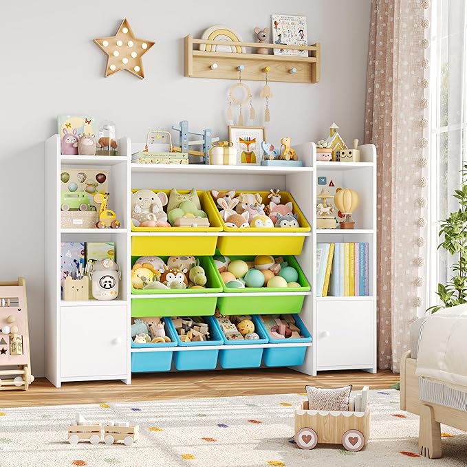 FOTOSOK 55''Large Toy Storage Organizer with 8 Toy Bins, Toy Organizers and Storage with Shelf and 6 Storage Cubbies, Bookshelf, Playroom Organization and Storage Bins, White/Green