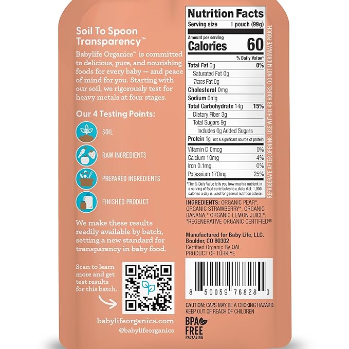 Babylife Organics Stage 2 - Pear, Strawberry & Banana, 3.5 Ounce Pouch (6 Pack) - Heavy Metal Safe, Organic Baby Food