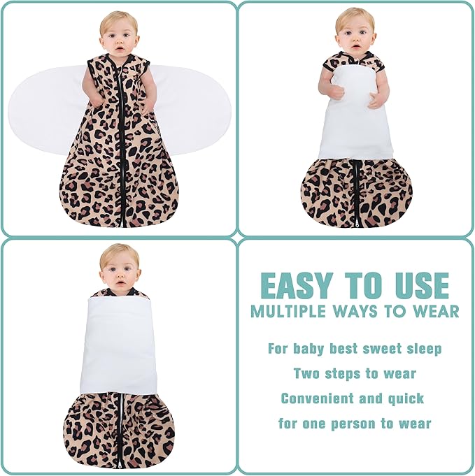 Newborn Sleep Sack Baby Swaddle,3-Way Adjustable Wearable Blanket,100% Rayon Cotton Swaddling Sleeping Bag，TOG 0.5 (Leopard & Cobble, 6-12 Months)