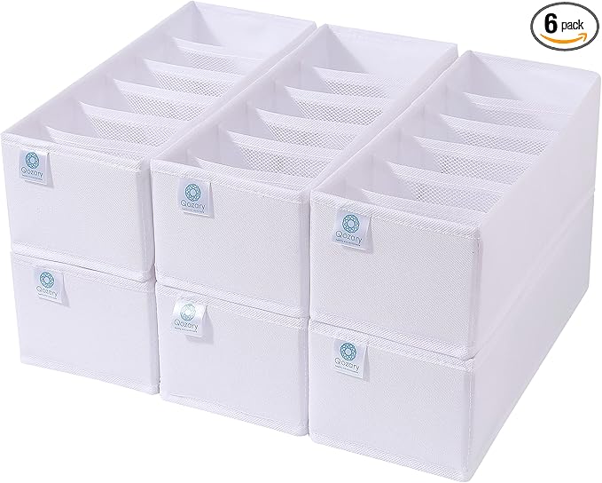Qozary 6 Pack Sock Underwear Drawer Organizer Dividers, Collapsible Cabinet Closet Storage Boxes for Clothes, Socks, Lingerie, Underwear, Tie, Belt, Baby, Bedroom