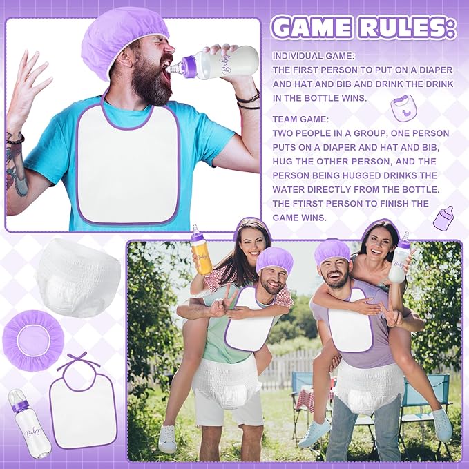 6 Sets Bottle Chug Baby Shower Games Juegos Para Plastic Baby Bottles Bibs Hat Disposable Diapers Gender Reveal Games Baby Changing Diaper Race Game Decoration (Purple)