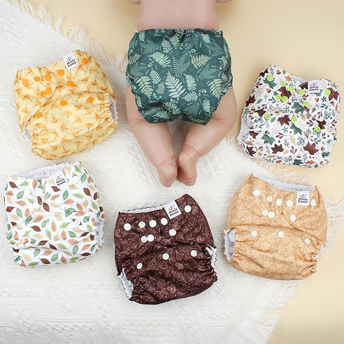 Mama Koala 3.0 Pocket Cloth Diapers for Babies with AWJ Lining, 6 Pack with 6 5-Layer Natural Cloth Diaper Inserts - Reusable and Washable Pocket Diapers(A-Falling Leaves)