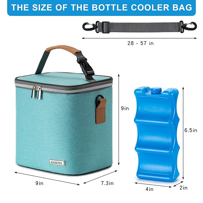 Breastmilk Cooler Bag with Ice Pack Fits 6 Baby Bottles Up to 9 Ounce, Baby Bottle Bag with Shoulder Strap for Nursing Mom Daycare, Aqua