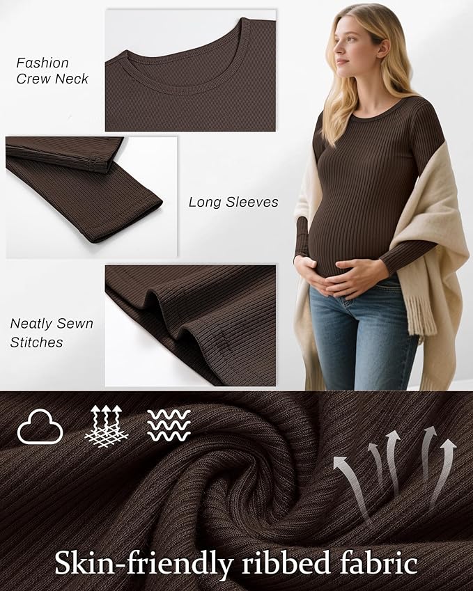 Riyiper 3 Pack Women's Maternity Shirts Long Sleeve Ribbed Knit Pregnancy Tees Cotton Crewneck Tunic Clothes Casual Fall Tops