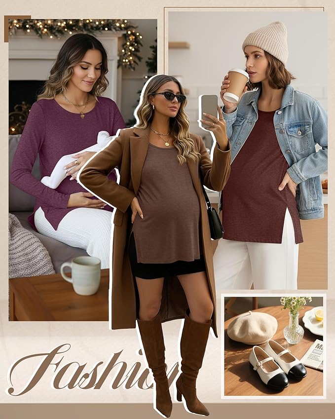Riyiper 3 Pack Women's Maternity Long Sleeve T-Shirts Round Neck Side Split Tops Loose Casual Pregnancy Mama Clothes Fall