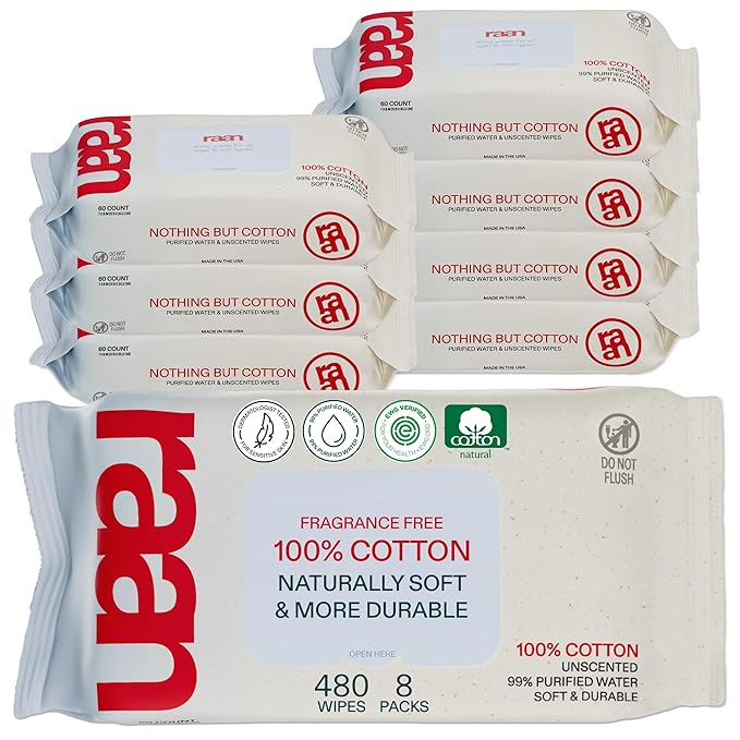 Raan, 100% Cotton Baby & Toddler Wipes, Unbleached, 99% Purified Water, Unscented, EWG verified, Made for Sensitive Skin, Extra Soft and Durable, 8 pack, 480 Count