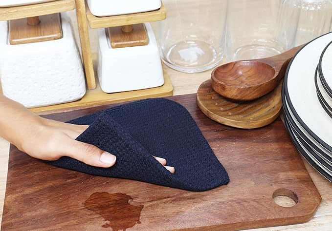 PurpleEssences Dish Cloths and Dish Rags - 6 Pack Waffle Weave Solid Kitchen Dish Wash Cloths, 100% Cotton, 12 x 12 Inches, Ultra Soft Absorbent Quick Drying Fall Thanksgiving - Navy Blue