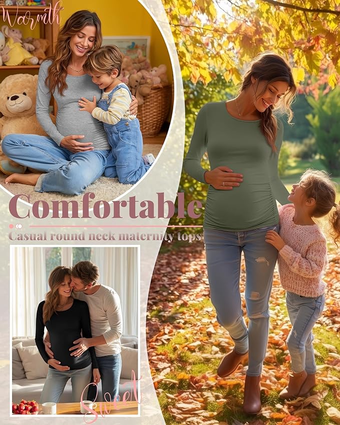 Ficerd 3 Pack Women's Maternity Shirts, Long Sleeve Side Ruched Pregnancy Tee Tops Crew Neck Casual Mama Clothes Basic Tunic