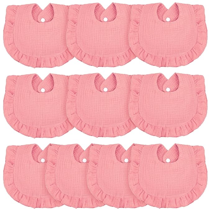 Seematn 10 Pcs Baby Muslin Bibs Drool Bibs Bandana Ruffle Soft Cotton for Newborn Baby Infants Girl Teething Toddlers Boy(Pink)