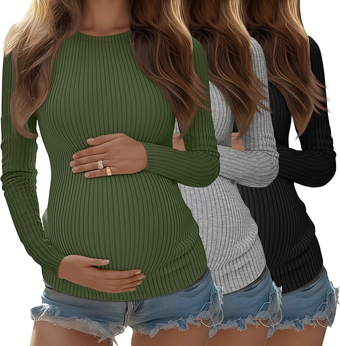 Riyiper 3 Pack Women's Maternity Shirts Long Sleeve Ribbed Knit Pregnancy Tees Cotton Crewneck Tunic Clothes Casual Fall Tops