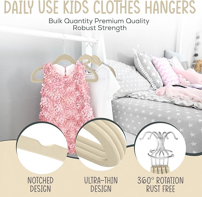 50 Premium Kids Velvet Hangers - 14" Non-Slip Clothes Hangers for Kids & Preteens - Ultra Slim, Space-Saving, Strong & Durable Hangers with 360° Swivel Hook - Ivory