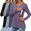 4 Pack Women's Cotton Nursing Tops, Breastfeeding Maternity with Hidden Zippers Crew Neck Long Sleeve Pregnancy Shirts
