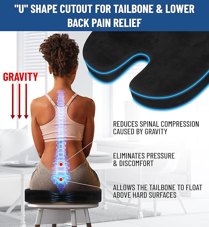 Everlasting Comfort Doctor Recommended Memory Foam Seat Cushion for Office Chairs & Car Seat - Ergonomic Office Desk Accessories for Tailbone Pain Relief, Sciatica & Back Support