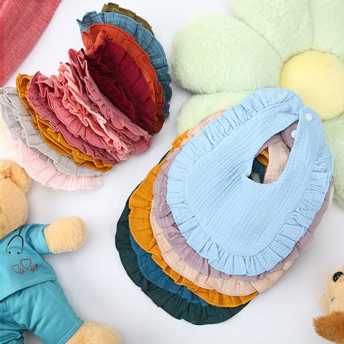 Kenning 18 Pcs Muslin Drool Baby Bibs Baby Girl Ruffle Bibs Absorbent Cotton with Snap Button for Boys Girls