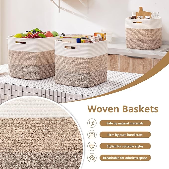 OIAHOMY 13 Kallax Inch Cube Storage Bins, 3-Pack Cotton Rope Woven Baskets for Organizing, Kallax Insert Storage Baskets for Shelves, Baby Nursery, Closet Organizer, 13*13*12.6IN, Gradient Brown