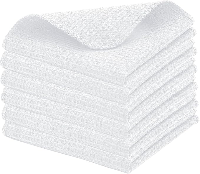 PurpleEssences Dish Cloths and Dish Rags - 6 Pack Waffle Weave Solid Kitchen Dish Wash Cloths, 100% Cotton, 12 x 12 Inches, Ultra Soft Absorbent Quick Drying - Fall Thanksgiving - White