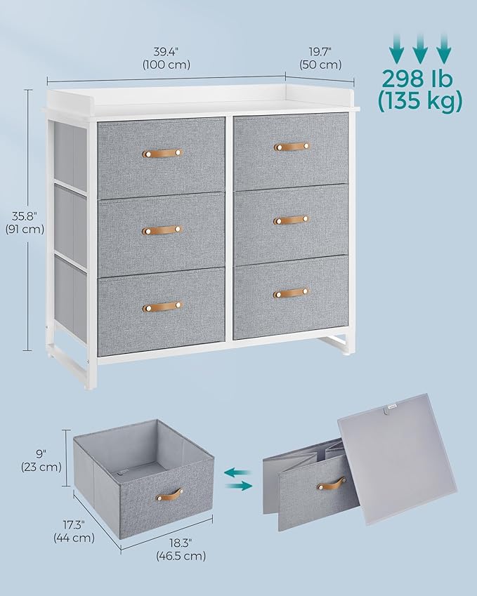 SONGMICS Kids Dresser with 6 Drawers, Boys Girls Dresser, with Water-Resistant Tabletop, Storage Organizer Cabinet, for Bedroom Hallway, Gray UGKR101G01