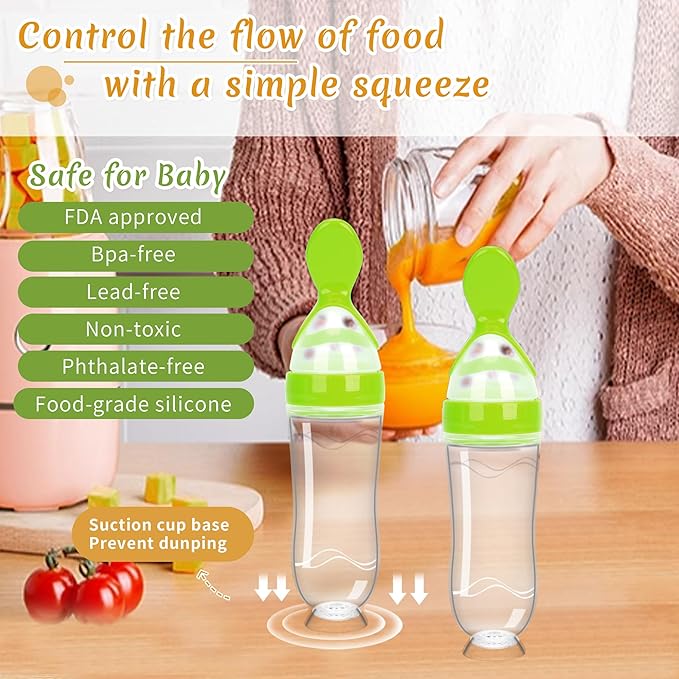 WAJIAYON Baby Food Feeder 4 Pack Silicone Baby Food Dispensing Spoon-3 oz Squeeze Feeding Spoons with Suction Cup for Boys Girl Kids Toddlers - Self Feeding Bottle Spoon-Green