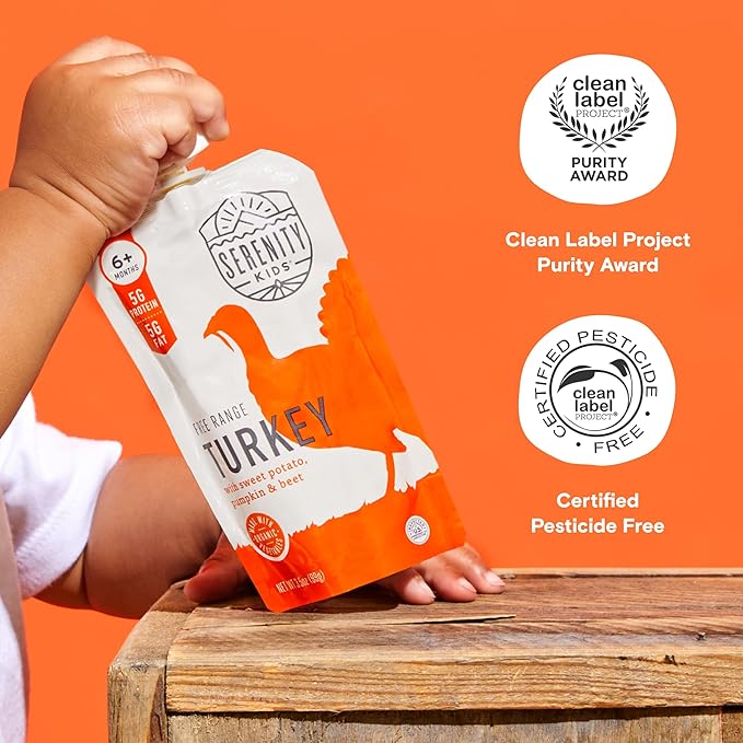 Serenity Kids 6+ Months Baby Food Pouches Puree Made With Ethically Sourced Meats & Organic Veggies | 3.5 Ounce BPA-Free Pouch | Free Range Turkey, Sweet Potato, Pumpkin, Beet | 1 Count