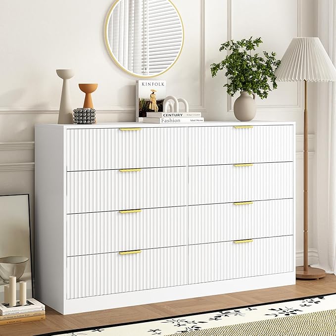 8 Drawer Dresser for Bedroom, Modern Fluted Double Dresser, 55" Wide Chest of Dressers, Wooden Beside Table for Closet, Living Room and Entryway, White