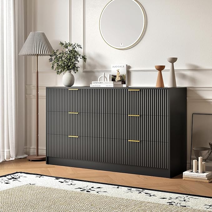 6 Drawers Fluted Dresser for Bedroom, 55" Wide Wooden Dresser with Deep Drawers, Large Floor Chest of Drawers, Modern Long TV Stand, Storage Cabinet Side Table, Black