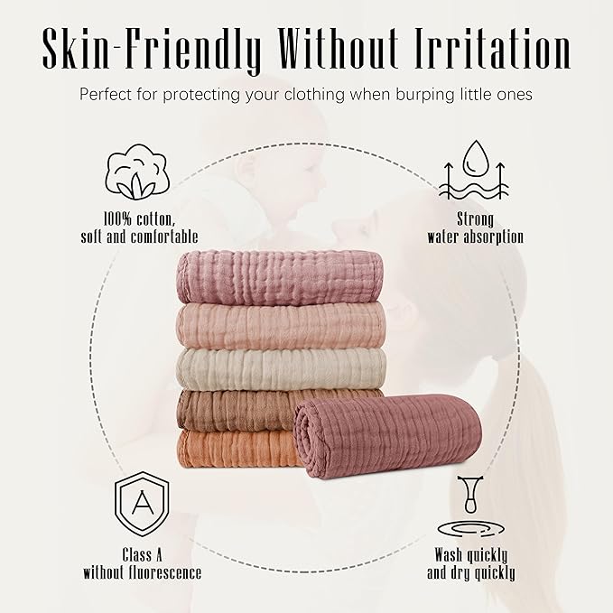 SWEET DOLPHIN 12 Pack Muslin Burp Cloths Large 100% Cotton Burping Clothes for Baby Drool - Absorbent and Soft Boys & Girls Milk Spit Up Rags for Newborn Essentials Registry - Neutral Retro