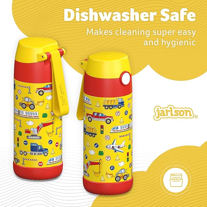 Jarlson® Mali Children's Water Bottle, Thermal Stainless Steel Water Bottle, BPA-Free, Leak-Proof, Children's Bottle with Chug Lid, Bottle for School, Nursery (Vehicles, 350 ml)