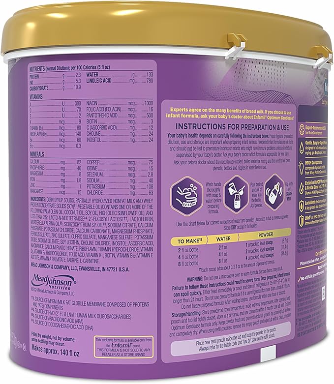 Enfamil Optimum (Enspire) Gentlease, Our Closest Formula to Breast Milk, Immune-Supporting Lactoferrin and Brain-Supporting DHA Baby Formula - Powder 19.5 Oz Tub, Pack of 4